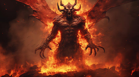 the demon, engulfed in flames, stands tall in the depths of hell, its full body a testament to the horrors of the underworld, with razor-sharp horns, glowing red eyes, and massive wings spread wide, exuding an aura of malevolence and terror in this hauntingly vivid depiction of darkness and evil. ai generatedの素材