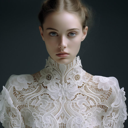 the delicate broderie anglaise fabric features intricate whitework embroidery on a sheer cotton background, showcasing exquisite floral patterns and lace-like details, perfect for creating elegant clothing, accessories, and home decor items with a touch of vintage charm and sophistication. ai generatedの素材