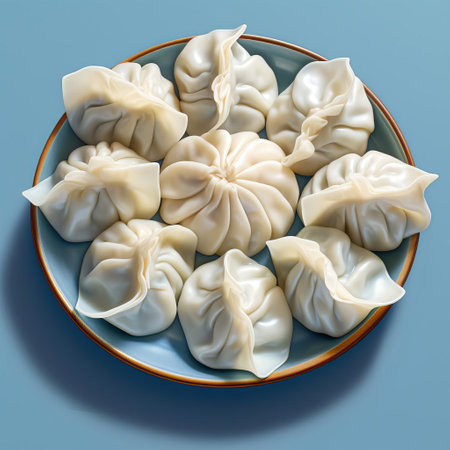 dumplings sit elegantly on a separate base-18 plate, showcasing nine pieces of these savory treats against a vibrant blue background, perfect for a culinary photography display or a food blog feature on traditional asian cuisine. ai generatedの素材