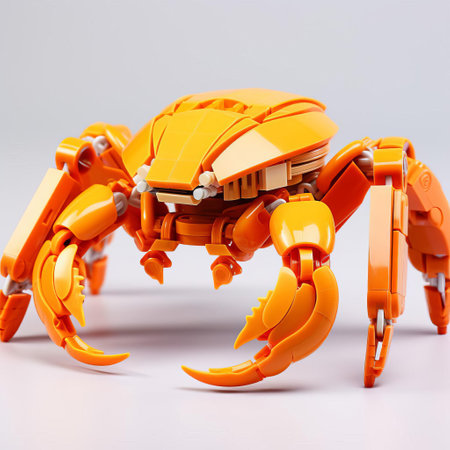 the crab, meticulously crafted from vibrant lego bricks, sits proudly on a pristine white background, showcasing its intricate full-body design, complete with delicate claws and a sturdy shell, perfect for marine-themed decorations or playful storytelling. ai generatedの素材