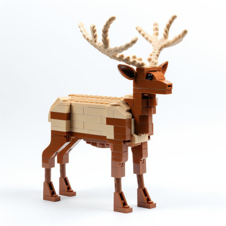 a majestic lego deer stands proudly isolated on a crisp white background, showcasing its intricately designed full body, complete with delicate legs, a slender torso, and a pair of impressive antlers, perfect for nature-inspired and toy photography enthusiasts alike. ai generatedの素材