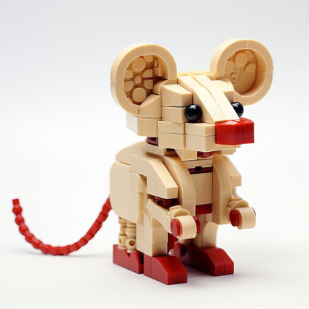the lego mouse, crafted from vibrant interlocking bricks, sits proudly on a pristine white background, showcasing its intricate details and colorful design, perfect for fans of lego mini-figures, toy photography, and creative still-life compositions. ai generatedの素材