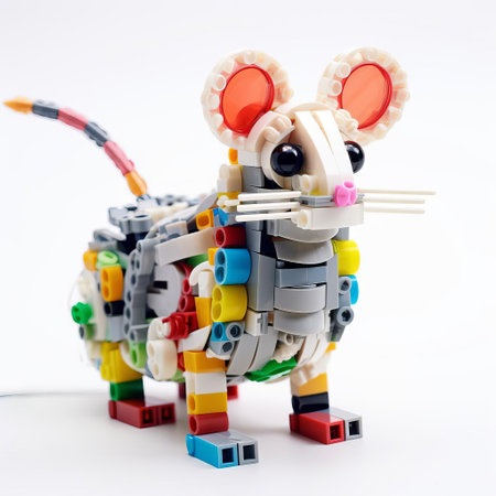 the lego mouse, crafted from colorful interlocking bricks, sits proudly on a pristine white background, showcasing its intricate details and adorable facial expression, perfect for fans of miniature models, toy photography, and creative building projects. ai generatedの素材
