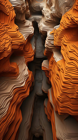 the karst landscape stretches across the horizon, its rugged terrain punctuated by rusty hues that evoke a sense of abstract expressionism, reminiscent of op art's geometric patterns and bold color contrasts, creating a visually striking scene that blends nature and art. ai generatedの素材