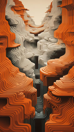 the karst landscape stretches across the horizon, its rugged terrain worn by time and weather, evoking a sense of ancient history, while the rust-hued tones of the rocky formations add a touch of warmth, reminiscent of op art's vibrant patterns and mesmerizing optical illusions. ai generatedの素材