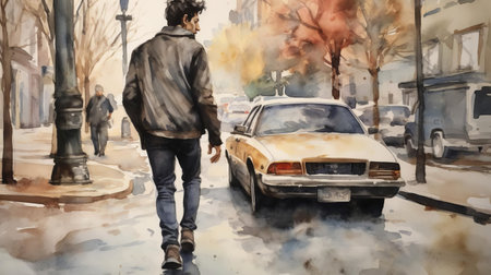 jason strolls casually along the sidewalk, surrounded by vibrant city life, in this beautiful watercolor artwork, capturing the essence of urban living, with soft brushstrokes and delicate hues, evoking feelings of serenity and tranquility in the midst of bustling streets. ai generatedの素材