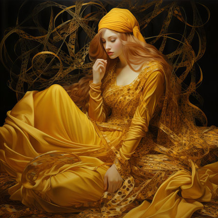 the intricate textile, woven with gold threads, showcases exceptional craftsmanship, featuring a mesmerizing pattern of interlocking flowers and leaves, evoking a sense of luxury and sophistication, perfect for interior design and home decor enthusiasts seeking opulent accents. ai generatedの素材