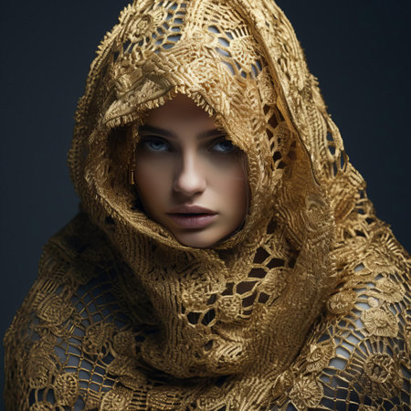 the luxurious golden yarn scarf is knitted with intricate patterns, showcasing exceptional craftsmanship, perfect for adding a touch of sophistication to any winter outfit, ideal for special occasions or as a thoughtful gift for loved ones, exuding elegance and refinement. ai generatedの素材