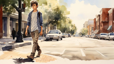jonathan strolls casually along the sidewalk, surrounded by vibrant city life, in this stunning watercolor artwork, capturing the essence of urban scenery, pedestrian activity, and everyday life, with bold brushstrokes and mesmerizing colors. ai generatedの素材