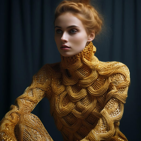 the luxurious golden scarf is knitted with intricate patterns, showcasing exceptional craftsmanship and sophistication, perfect for adding a touch of elegance to any outfit, ideal for special occasions or as a thoughtful gift for loved ones. ai generatedの素材