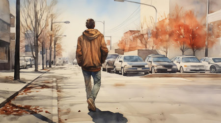 jason, a lone figure, strolls along the sidewalk on a serene day, surrounded by subtle hues of blue and green, evoking a sense of calmness, as captured in this beautiful watercolor artwork, perfect for art enthusiasts and fans of urban landscapes and street scenes. ai generatedの素材
