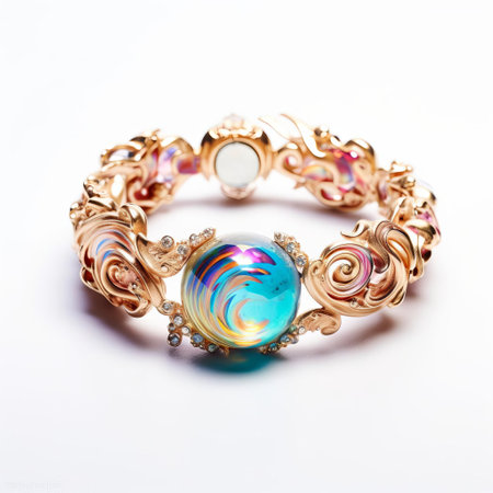 this elegant silver bracelet lies serenely against a pristine white background, showcasing its intricate design and delicate charm, perfect for adding a touch of sophistication to any outfit, ideal for formal events or everyday wear, exuding refinement and poise. ai generatedの素材