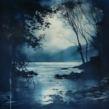 the cyanotype landscape photograph showcases a serene and dreamy scenery, with rolling hills and towering trees set against a vibrant blue background, capturing the beauty of nature through the unique cyanotype printing process, evoking a sense of calmness and tranquility in the viewer. ai generatedの素材