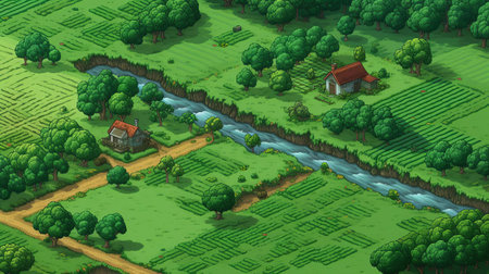 agricultural land stretches across the horizon in this vibrant 16-bit illustration, showcasing a serene rural landscape with rolling hills, lush green fields, and rustic farmhouses, evoking a sense of tranquility and connection to nature, perfect for digital art enthusiasts and countryside lovers alike. ai generatedの素材