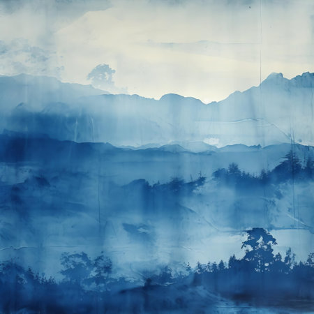 the serene cyanotype landscape photograph showcases a dreamy, monochromatic scene of rolling hills, majestic trees, and a meandering river, evoking a sense of tranquility and connection to nature, perfect for art enthusiasts and fans of alternative photography processes. ai generatedの素材