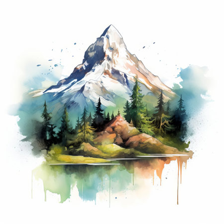 mount cleveland, a majestic peak in montana's glacier national park, is beautifully captured in this stunning watercolor design, showcasing its snow-capped summit, lush green forests, and serene alpine lakes, evoking a sense of tranquility and awe-inspiring natural beauty in the heart of the rocky mountains. ai generatedの素材