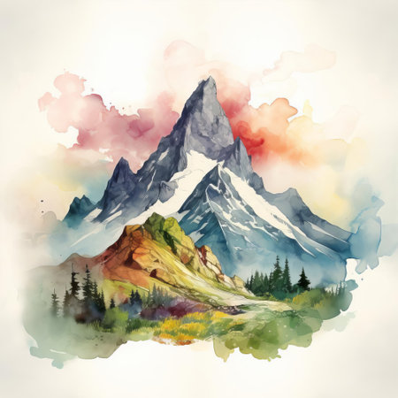 mount cleveland, a majestic peak in montana's glacier national park, is beautifully captured in this stunning watercolor design, showcasing its rugged grandeur amidst a serene alpine landscape, surrounded by lush green forests, sparkling lakes, and winding mountain trails, evoking a sense of adventure and tranquility. ai generatedの素材