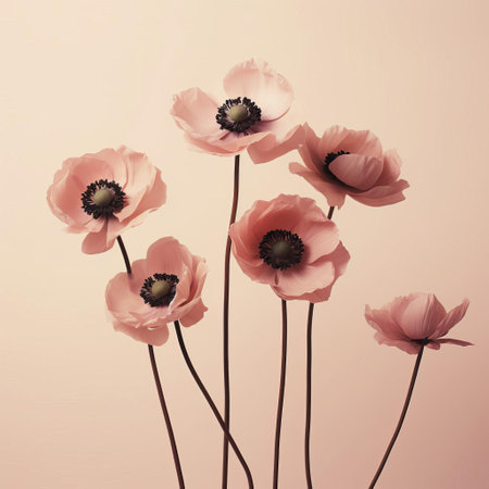 anemone flowers bloom against a soft, muted vintage background, evoking a sense of simplicity and minimalism, perfect for adding a touch of understated elegance to any design or decor, while also celebrating the beauty of nature's subtle charm. ai generatedの素材