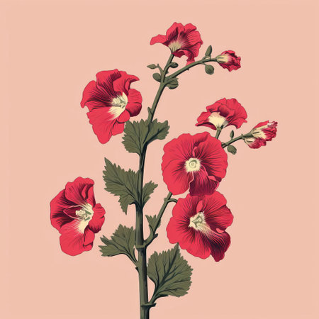 hollyhocks stand tall against a soft, muted background, evoking a sense of simplicity and minimalism reminiscent of a bygone era, with delicate petals and slender stems that add a touch of vintage charm to any space, perfect for nature lovers and fans of rustic decor. ai generatedの素材