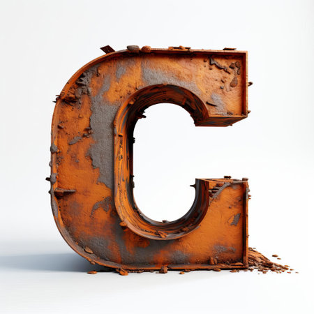 the rusty 3d letter c stands out prominently against a pristine white background, showcasing its textured, oxidized surface and intricate details, perfect for design elements, typography, and rustic-themed projects, evoking a sense of vintage charm and industrial elegance. ai generatedの素材