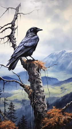 the raven perched on a branch, its sleek black feathers blending seamlessly with the misty landscape, as it surveys its surroundings with an air of mystery, its piercing eyes scanning the rolling hills and foggy valleys below, a symbol of intelligence and wisdom in the wild. ai generatedの素材
