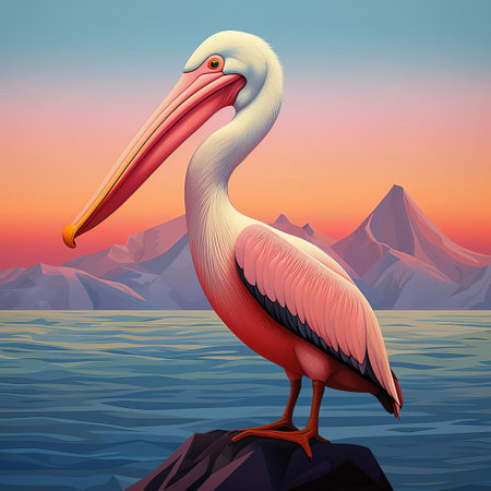 the pelican, majestically posed on a misty lake shore, its snowy-white feathers glistening in the soft morning light, its distinctive pouched beak a testament to its unique fishing prowess, evokes a sense of serenity and wonder in this captivating wildlife photograph. ai generatedの素材