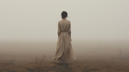 woman standing alone in a serene taupe fog, surrounded by mystical mist, evoking a sense of calmness and tranquility, as the soft, warm light peeks through the veil, creating a dreamy atmosphere, perfect for relaxation and contemplation, in this ethereal and peaceful landscape scene. ai generatedの素材