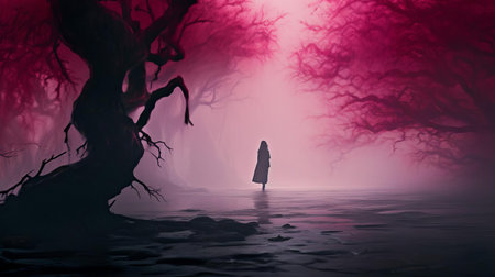 the woman stands serenely in the midst of a vibrant fuchsia fog, surrounded by an ethereal atmosphere that evokes a sense of mystique and wonder, as the soft pinkish-purple hue envelops her, creating a dreamy and surreal landscape. ai generatedの素材