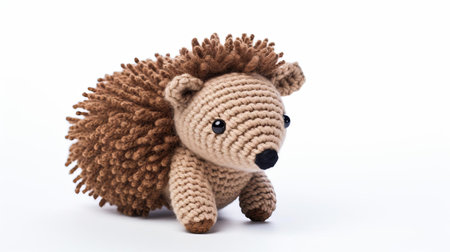 this adorable knitted hedgehog toy sits proudly against a crisp white background, showcasing its intricate stitching and endearing facial features, making it a delightful addition to any nursery or child's toy collection, perfect for little hands to cuddle and play. ai generatedの素材