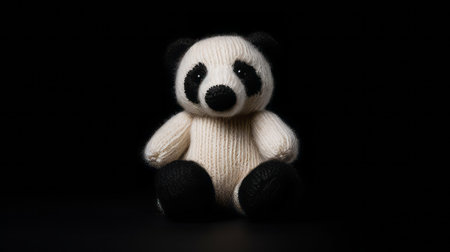 the adorable knitted panda bear toy sits serenely against a pristine white background, showcasing its soft and cuddly texture, perfect for snuggling and playtime, making it an ideal gift for kids and panda lovers alike, evoking feelings of warmth and comfort. ai generatedの素材