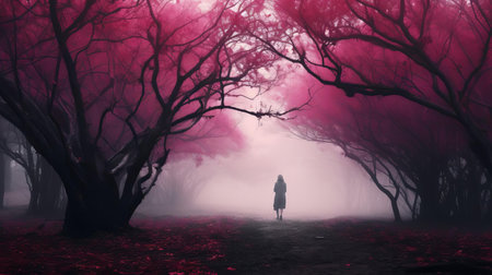 the woman stands majestically in the midst of a vibrant fuchsia fog, surrounded by an ethereal atmosphere that evokes a sense of mystique and enchantment, as the soft pinkish-purple hue envelops her, creating a dreamy and surreal scene, perfect for fantasy and romance photography. ai generatedの素材