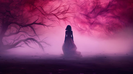 the woman stands majestically in the midst of a vibrant fuchsia fog, surrounded by an ethereal atmosphere that evokes a sense of mystique and wonder, capturing the essence of a surreal and dreamlike landscape, perfect for fans of abstract and moody photography. ai generatedの素材