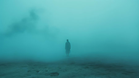 woman stands serenely in a mystical turquoise fog, surrounded by an ethereal atmosphere, evoking a sense of calmness and tranquility, as the soft misty veil wraps around her, creating a dreamy and surreal landscape, perfect for relaxation and meditation. ai generatedの素材
