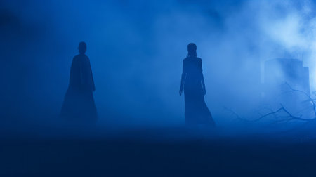 two friends standing together, embracing the mystique of the indigo fog that surrounds them, creating an atmosphere of serenity and tranquility, evoking feelings of calmness and peacefulness, as the misty veil gently wraps around their figures, shrouding them in mystery and intrigue. ai generatedの素材