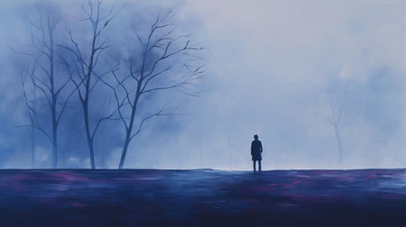 two silhouetted figures stand motionless in the midst of an eerie indigo fog, surrounded by an atmosphere of mystery and intrigue, evoking feelings of solitude and contemplation, as the misty veil shrouds the landscape in an air of secrecy and enchantment. ai generatedの素材