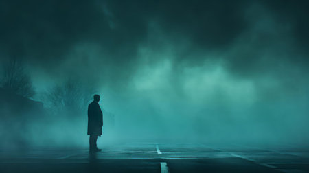 the woman stands alone, surrounded by a mystical teal fog that swirls around her, creating an ethereal atmosphere, evoking feelings of serenity and tranquility, as the soft misty veil gently envelops her, transporting us to a dreamlike world of mystery and enchantment. ai generatedの素材