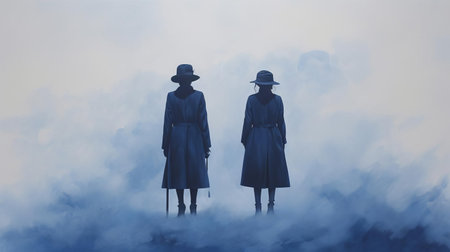 two silhouetted figures stand eerily still, surrounded by a mysterious indigo fog that swirls around them, creating an otherworldly atmosphere, evoking feelings of mystique and intrigue, as the misty veil shrouds the scene in an air of secrecy and enchantment. ai generatedの素材