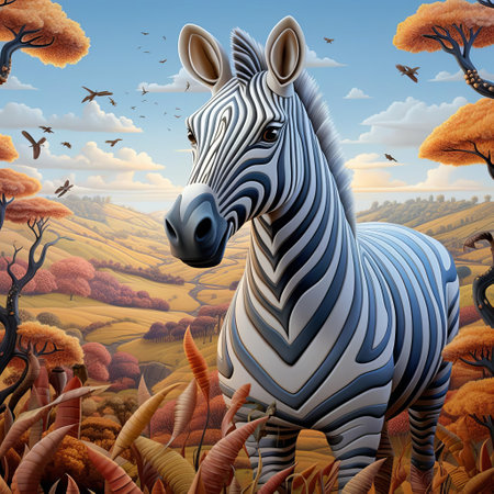 the zebra, majestically posed in a serene savannah landscape, showcases its striking black and white stripes, reminiscent of the bold brushstrokes and vibrant colors characteristic of evgeni gordiets' artistic style, blending wildlife photography with abstract expressionism. ai generatedの素材