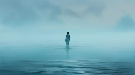 woman stands serenely in the midst of a mystical turquoise fog, surrounded by an ethereal atmosphere, evoking a sense of calmness and tranquility, as the soft misty veil envelops her, creating a dreamy and surreal landscape, perfect for relaxation and meditation. ai generatedの素材