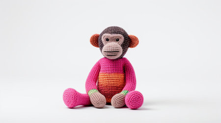 the adorable knitted bonobo toy sits serenely against a pristine white background, showcasing its intricate stitching and soft, cuddly texture, perfect for little hands to hold and cherish, making it an ideal gift for kids who love primates and handmade crafts. ai generatedの素材
