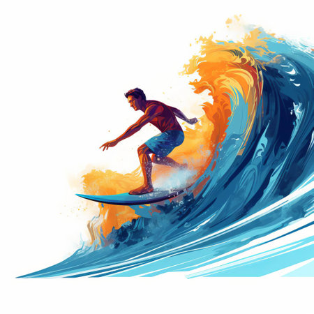 surfer in a dynamic 2d illustration, showcasing a full-body pose, stands out against a crisp white isolated background, perfect for designs requiring a bold and eye-catching visual, ideal for surf-inspired graphics, beach-themed art, and summer vibes. ai generatedの素材