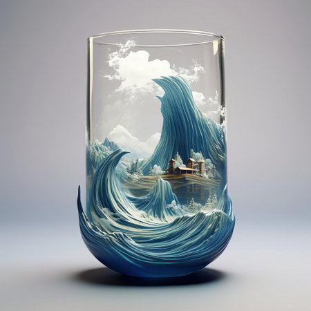 the 3d glass sculpture glimmers in the light, its intricate design and precise craftsmanship showcasing the beauty of contemporary art, perfect for decorative purposes or as a stunning addition to any modern interior design, highlighting the versatility of glass art and 3d printing technology. ai generatedの素材