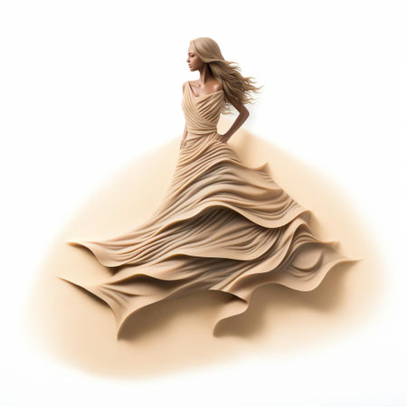 the woman stands confidently on the pristine white isolated background, surrounded by a mesmerizing 2d sand design that complements her full-body pose, creating a striking visual contrast that showcases her beauty and the artistic flair of the sandy landscape. ai generatedの素材