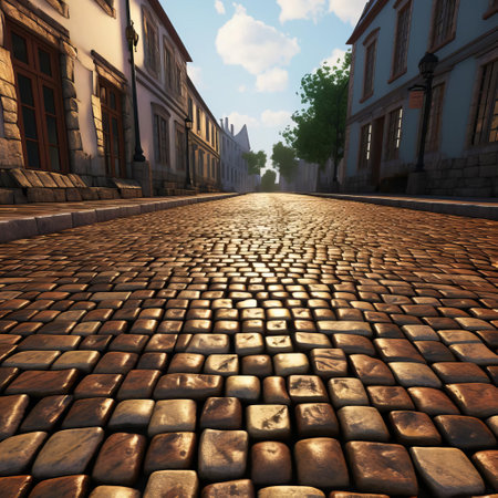 cobblestone streets, beautifully rendered in 3d, evoke a sense of medieval charm and nostalgia, with intricately textured stones and rustic hues, perfect for fantasy and historical scene settings, architectural visualizations, and video game environments. ai generatedの素材