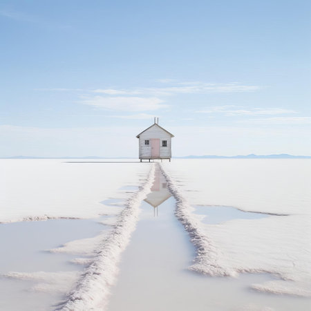 salt pans, shallow pools of seawater, glisten in a pristine white background, showcasing the intricate process of salt harvesting, where seawater is evaporated to produce pure, crystalline salt, used as a seasoning and preservative in various cuisines around the world. ai generatedの素材