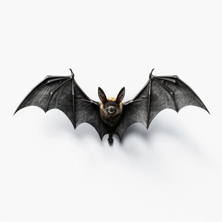 the bat, a nocturnal flying mammal, is depicted in stunning 3d detail, perched on a clean white isolated background, showcasing its intricate wing structure and furry body, perfect for graphic designs, illustrations, and wildlife enthusiasts. ai generatedの素材