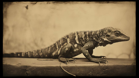 the lizard, captured in exquisite detail, takes center stage in this stunning 19th-century calotype print, showcasing the early photographic technique's ability to render textures and tones with remarkable accuracy, transporting viewers to a bygone era of scientific discovery and natural history exploration. ai generatedの素材