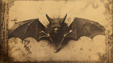 the bat, perched on a rustic wooden branch, gazes eerily into the camera lens in this rare 19th century calotype print, showcasing the early photographic techniques of capturing wildlife and nature scenes in exquisite detail, with subtle tones and textures that evoke a sense of nostalgia and historical significance. ai generatedの素材