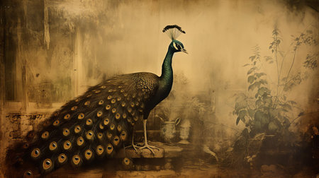 the peacock, resplendent in its vibrant plumage, is the majestic subject of this exquisite 19th century calotype print, showcasing the intricate details of its iridescent feathers, a testament to the artistry of early photography and the beauty of nature. ai generatedの素材