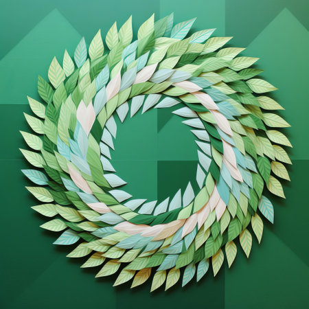 the vibrant mint wreath, crafted with op art tempera, bursts with mesmerizing geometric patterns, swirling shapes, and bold colors, evoking a sense of modern artistry and whimsy, perfect for adding a touch of trendy decor to any room or event, ideal for spring and summer celebrations. ai generatedの素材